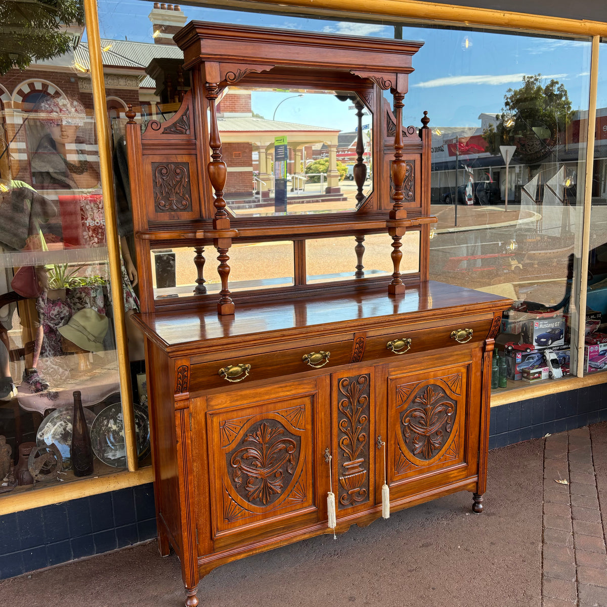 Antique Mahogany Mirrored Sideboard with Carved Panels & Hutch