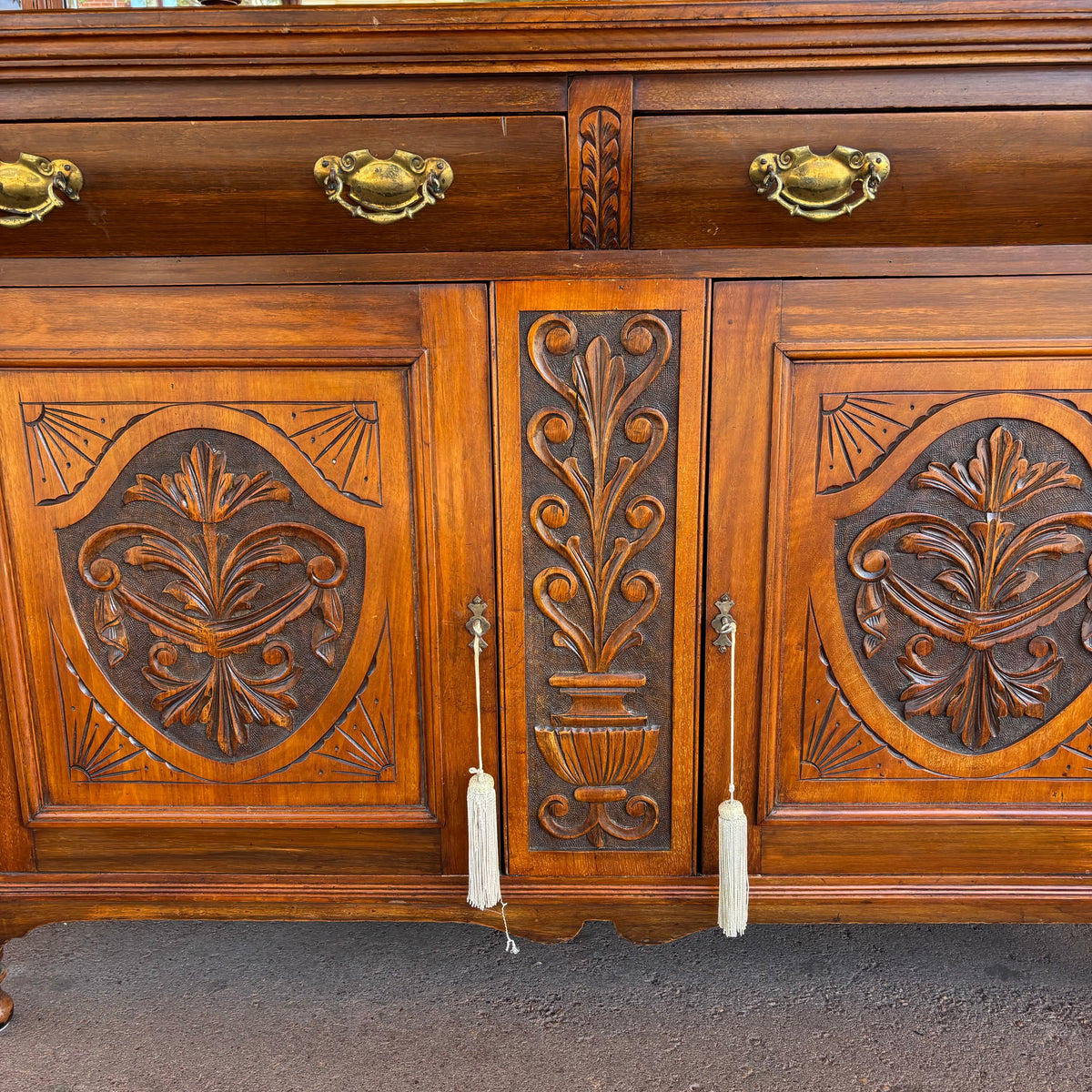 Antique Mahogany Mirrored Sideboard with Carved Panels & Hutch