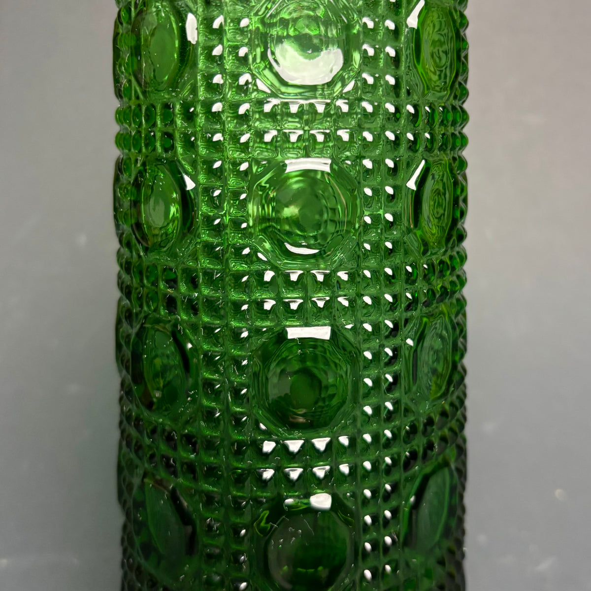 Vintage Green Empoli Style Glass Decanter with Stopper – Hobnail Pattern