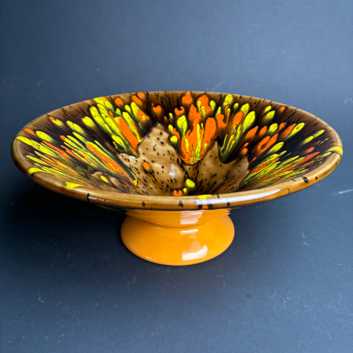Vintage Drip Glaze Pedestal Bowl – Mid-Century Australian Studio Pottery