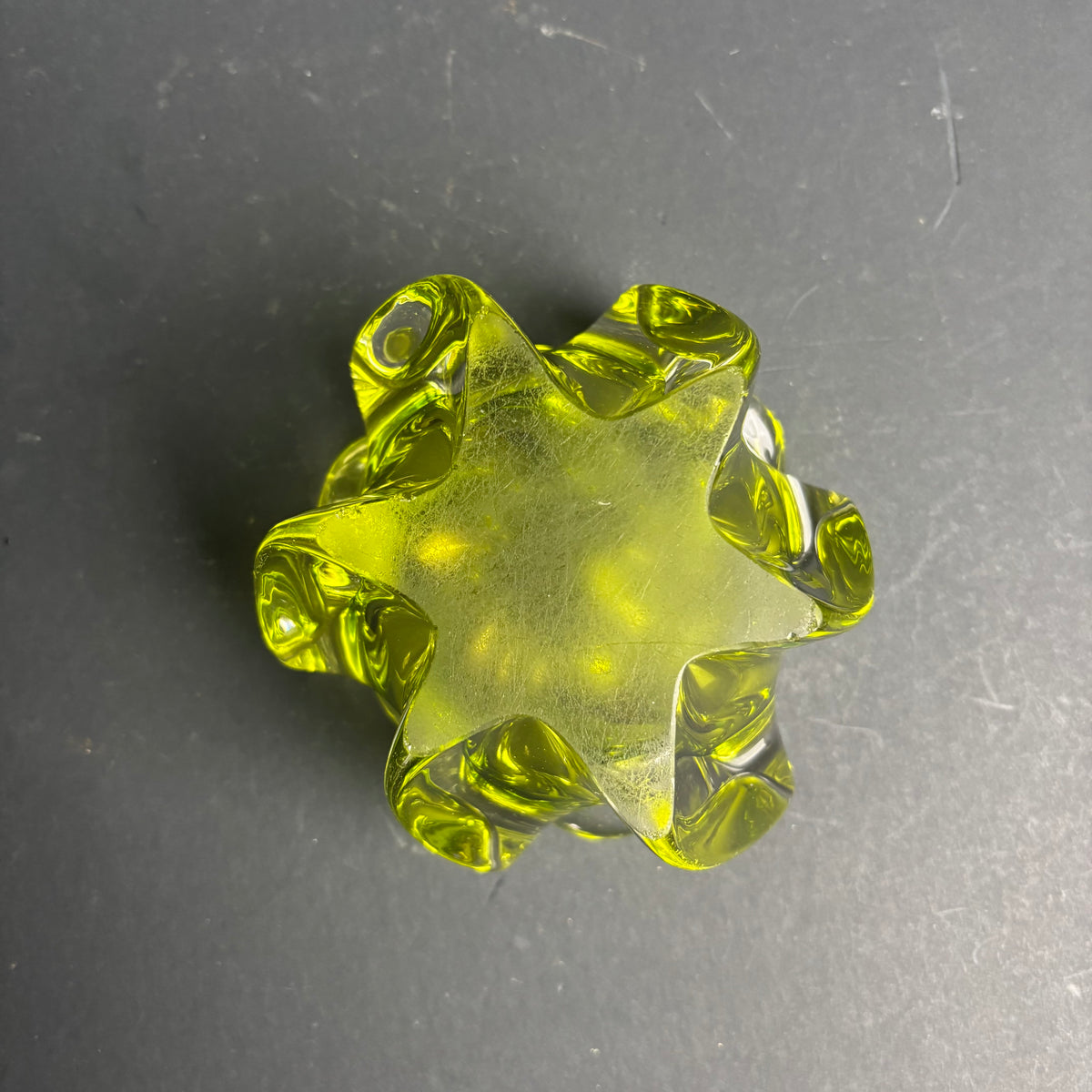 Mid Century Lime Green Art Glass Bowl – Sculptural Vintage Dish