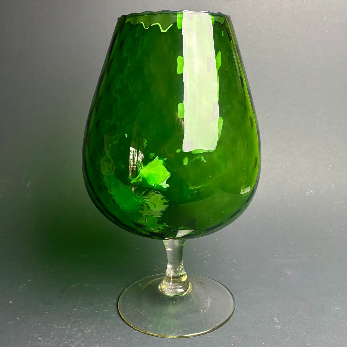 Large Vintage Emerald Green Art Glass Goblet Vase – Hand Blown Style with Organic Rim