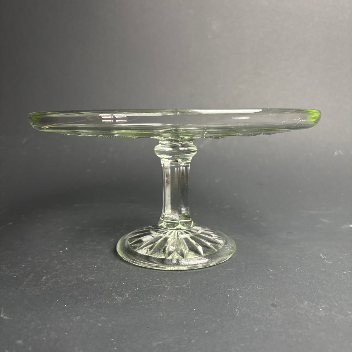 Vintage Pressed Glass Cake Stand – Faint Glow Under UV