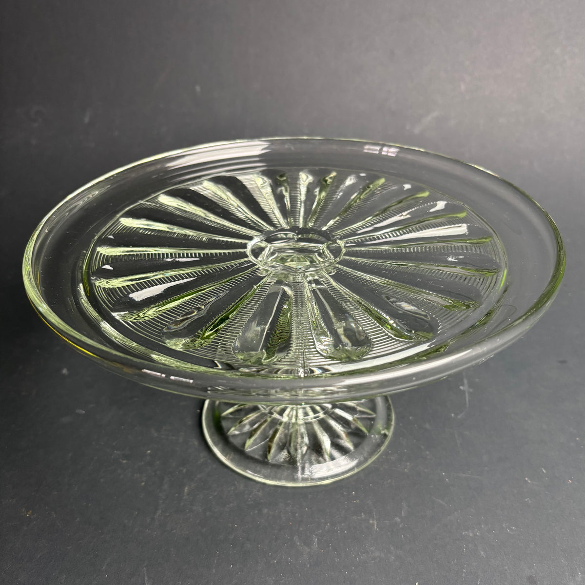 Vintage Pressed Glass Cake Stand – Faint Glow Under UV