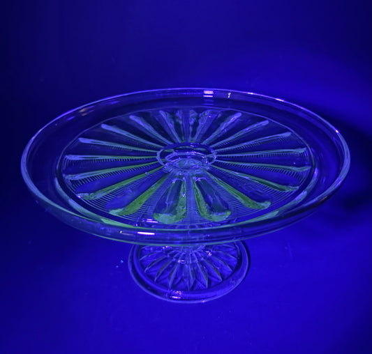Vintage Pressed Glass Cake Stand – Faint Glow Under UV