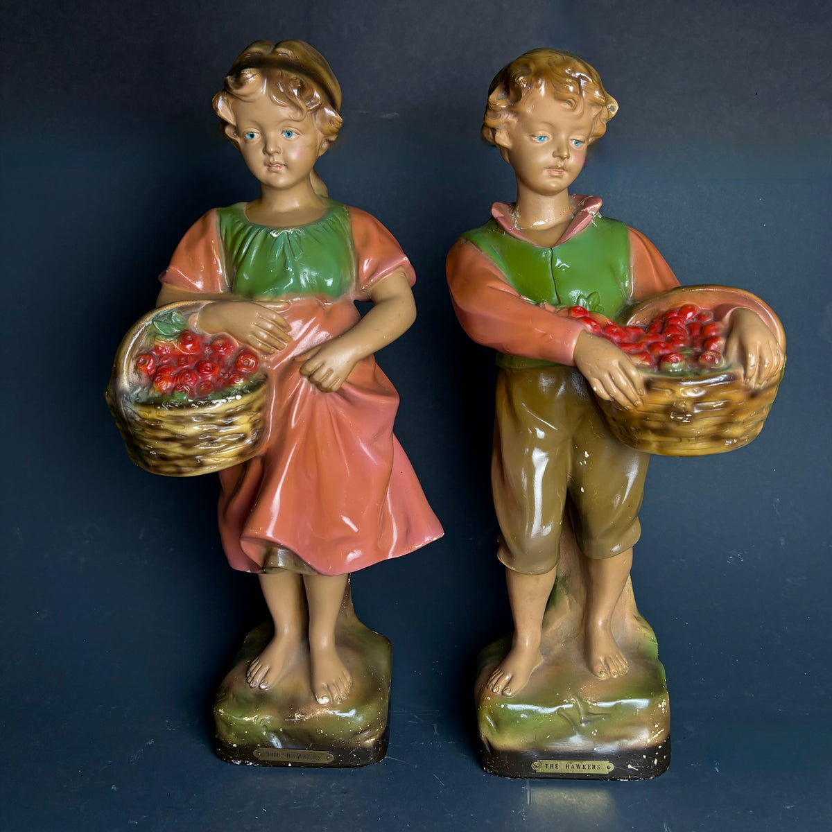 Vintage “The Hawkers” Chalkware Figures – Boy & Girl with Fruit Baskets (Pair)
