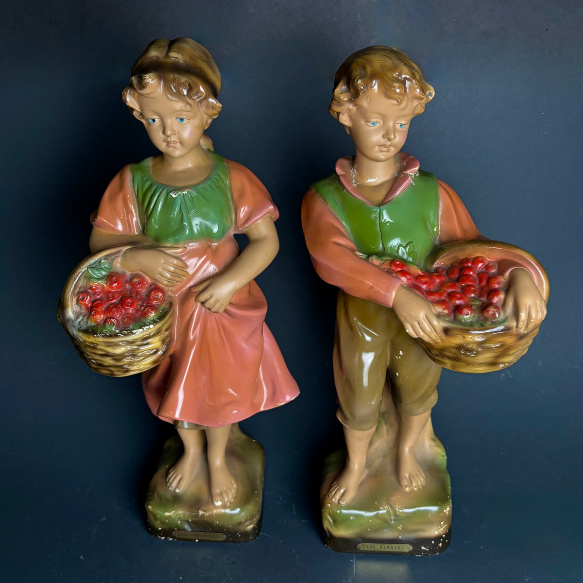 Vintage “The Hawkers” Chalkware Figures – Boy & Girl with Fruit Baskets (Pair)