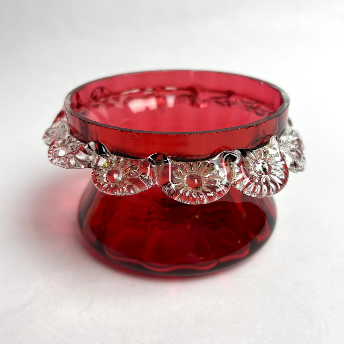 Victorian Cranberry Glass Bowl With Clear Applied Ruffled Rim Antique