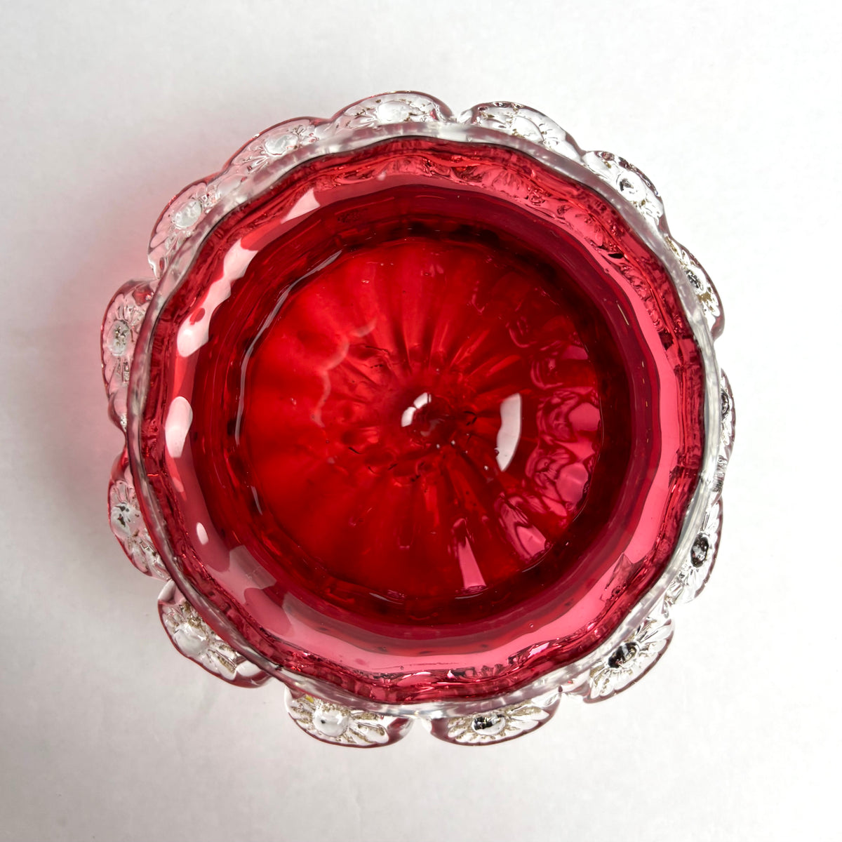 Victorian Cranberry Glass Bowl With Clear Applied Ruffled Rim Antique