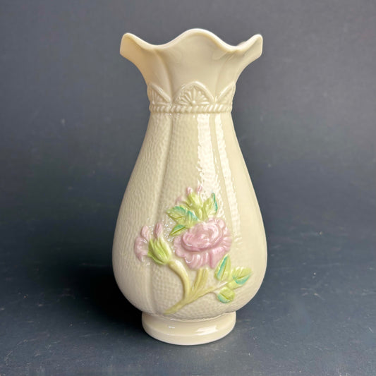 Belleek Ireland Floral Vase – Cream Glaze with Applied Pink Rose