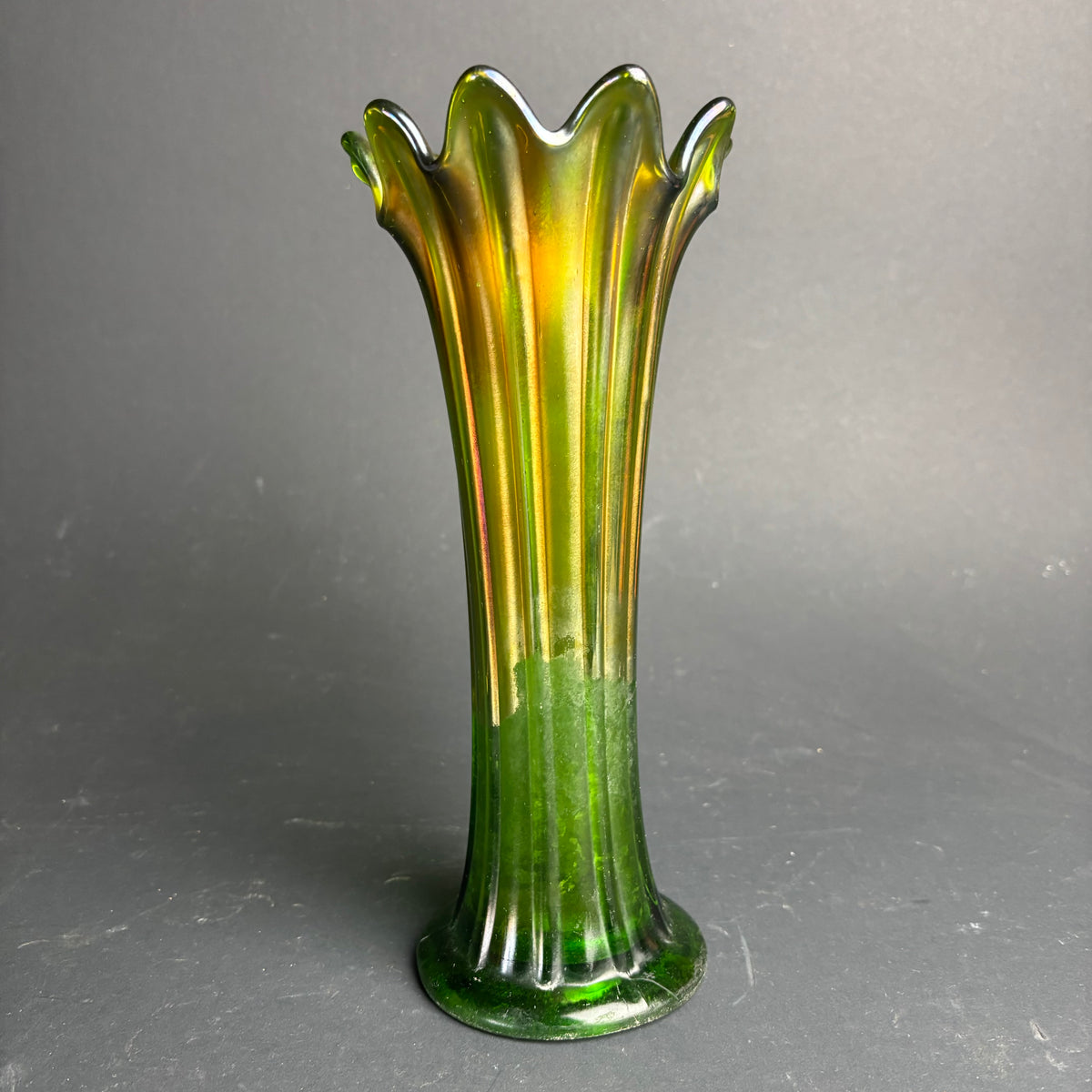 Vintage Green Carnival Glass Trumpet Vase – Iridescent (As Found)