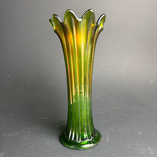 Vintage Green Carnival Glass Trumpet Vase – Iridescent (As Found)