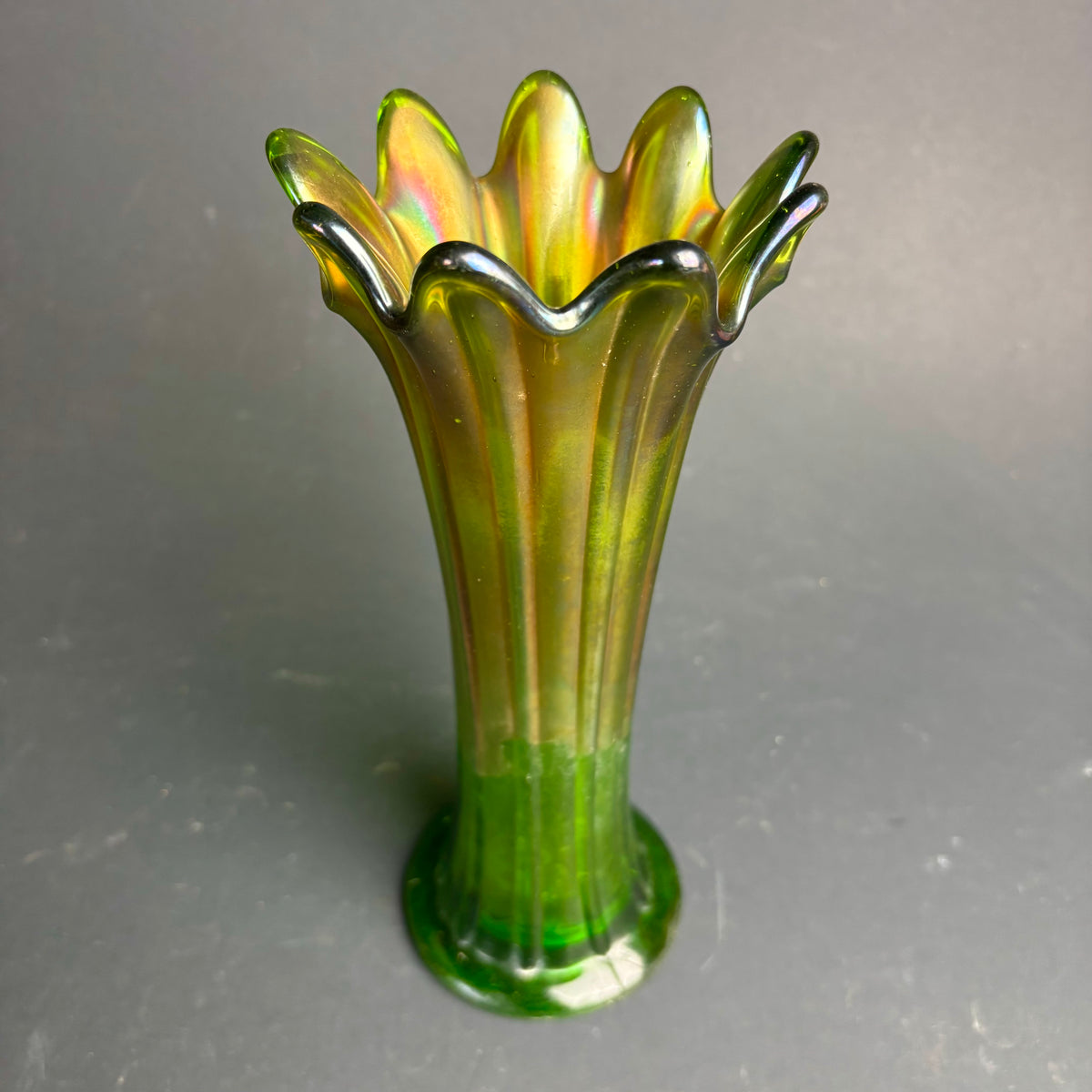 Vintage Green Carnival Glass Trumpet Vase – Iridescent (As Found)