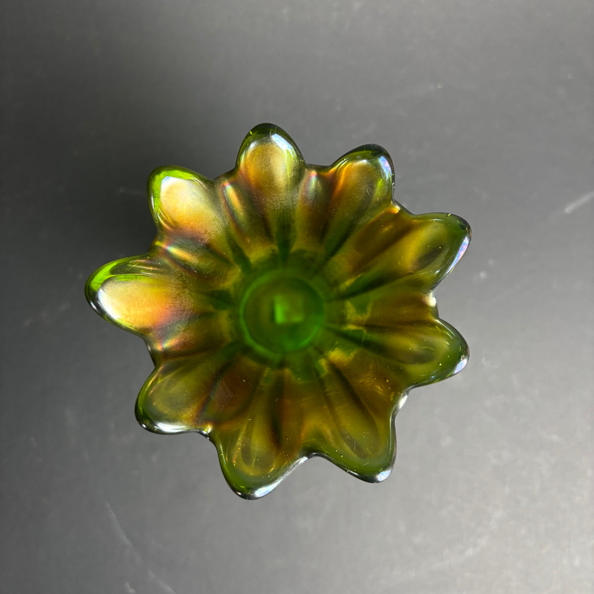 Vintage Green Carnival Glass Trumpet Vase – Iridescent (As Found)