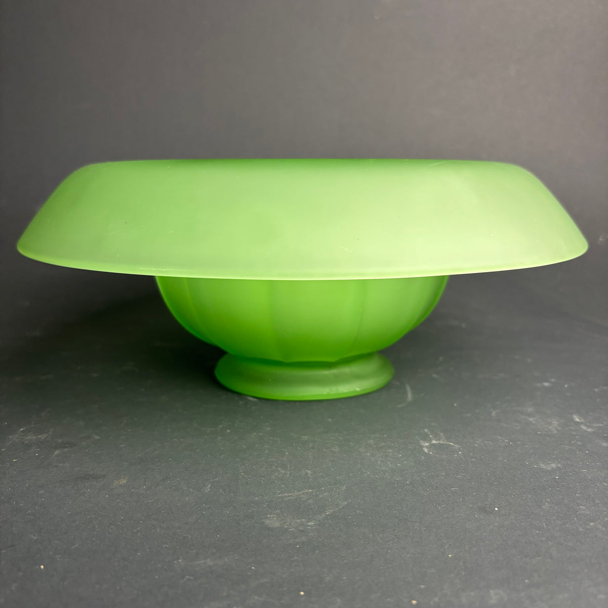 Large Vintage Green Satin Glass Centrepiece Bowl with Original Flower Frog – Art Deco Style