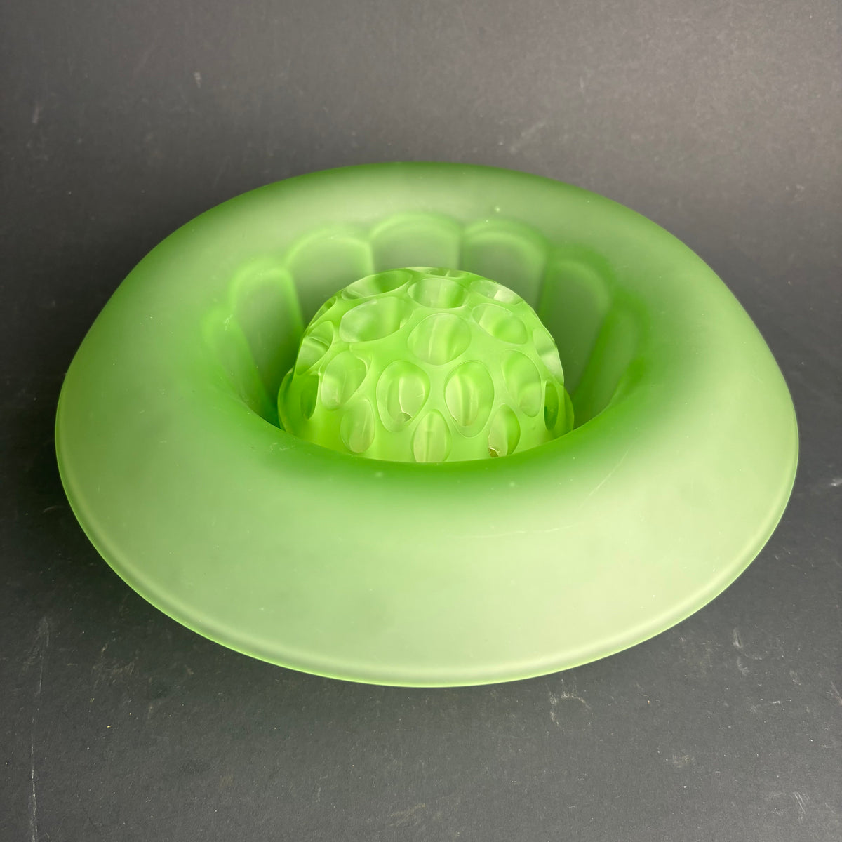 Large Vintage Green Satin Glass Centrepiece Bowl with Original Flower Frog – Art Deco Style