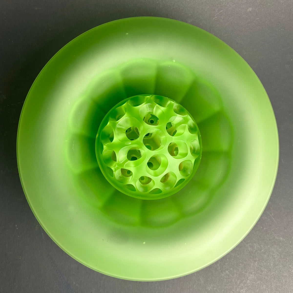 Large Vintage Green Satin Glass Centrepiece Bowl with Original Flower Frog – Art Deco Style