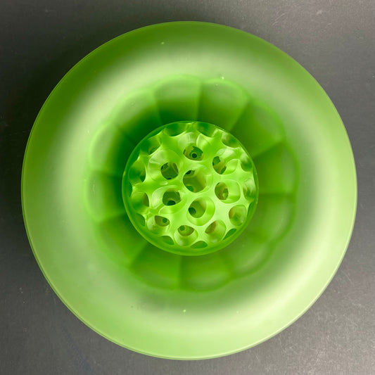 Large Vintage Green Satin Glass Centrepiece Bowl with Original Flower Frog – Art Deco Style