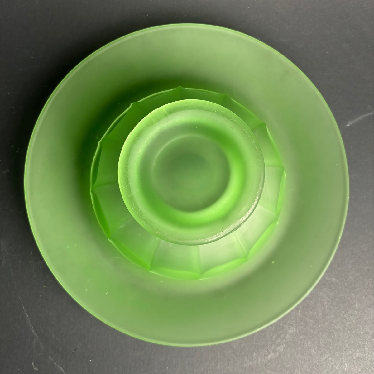 Large Vintage Green Satin Glass Centrepiece Bowl with Original Flower Frog – Art Deco Style