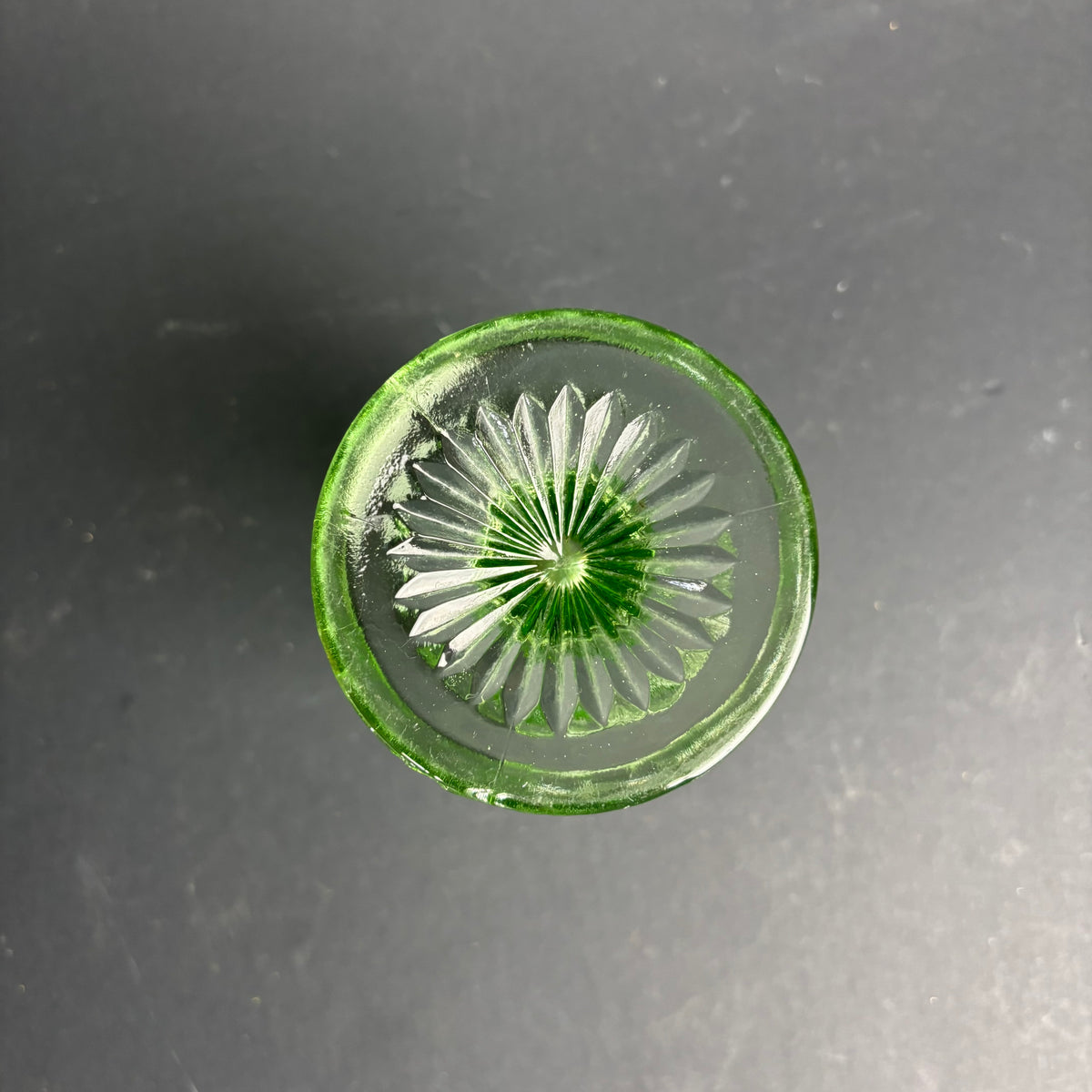 Vintage Green Pressed Glass Vase – Hexagonal Art Deco Style Trumpet Vase