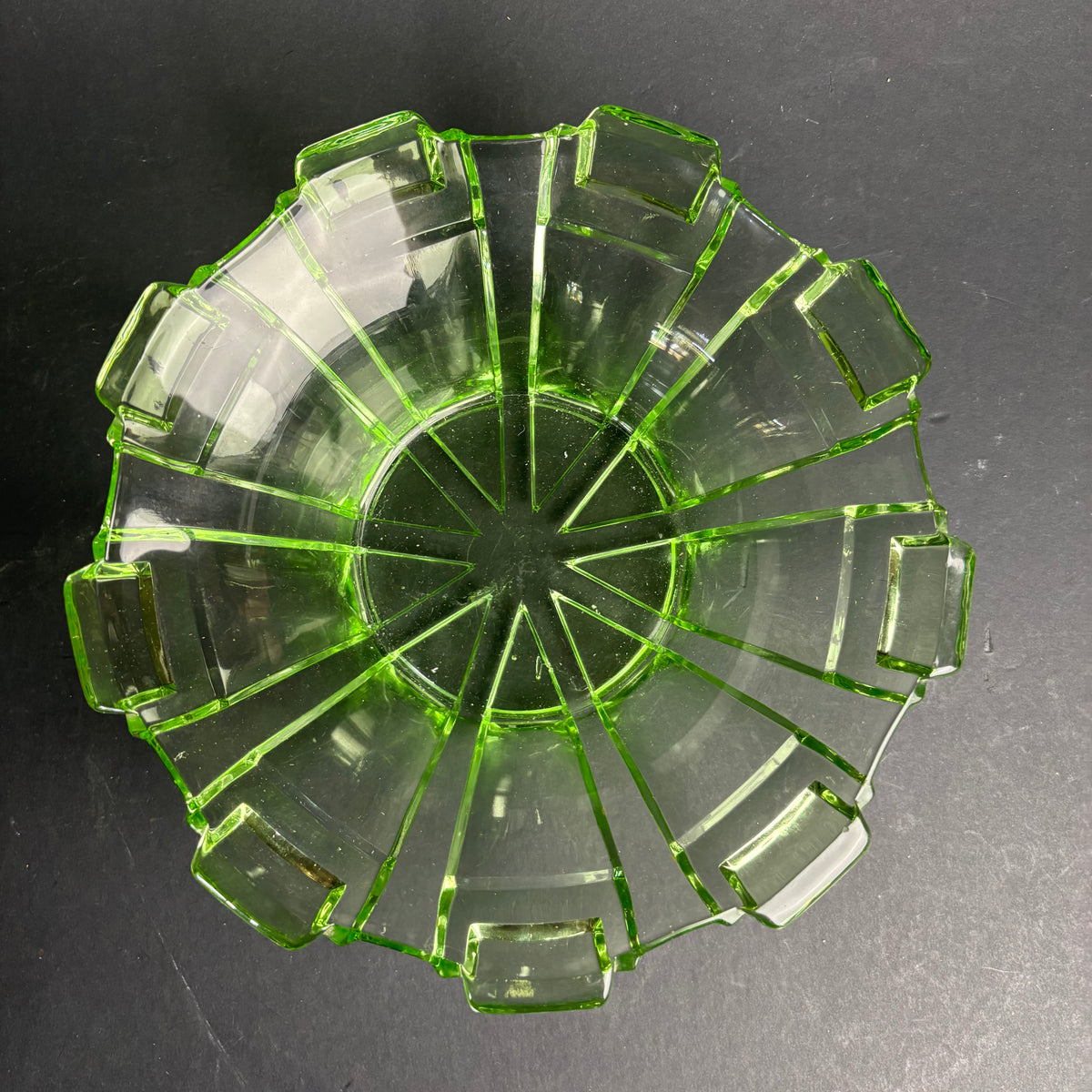 Vintage Green Glass Bowl – Art Deco Panelled Form
