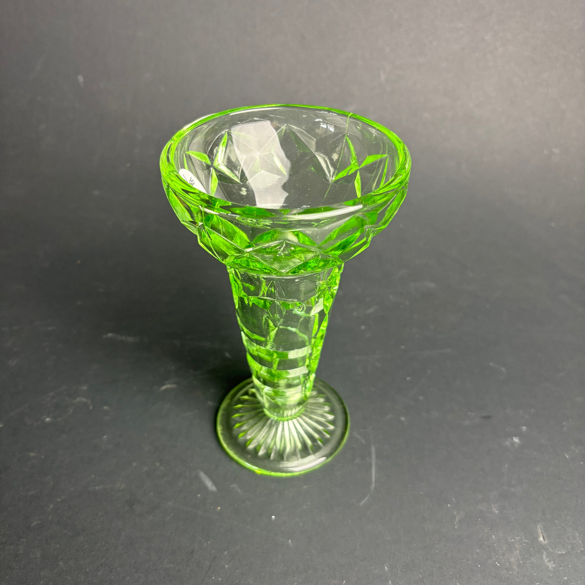 Vintage Green Pressed Glass Trumpet Vase – Art Deco Style Stepped Stem