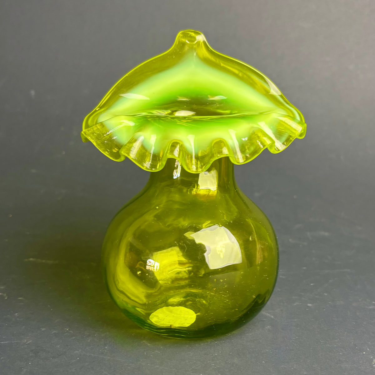 Vintage Green Cased Glass Vase – Bohemian Style Frilled Rim Art Glass