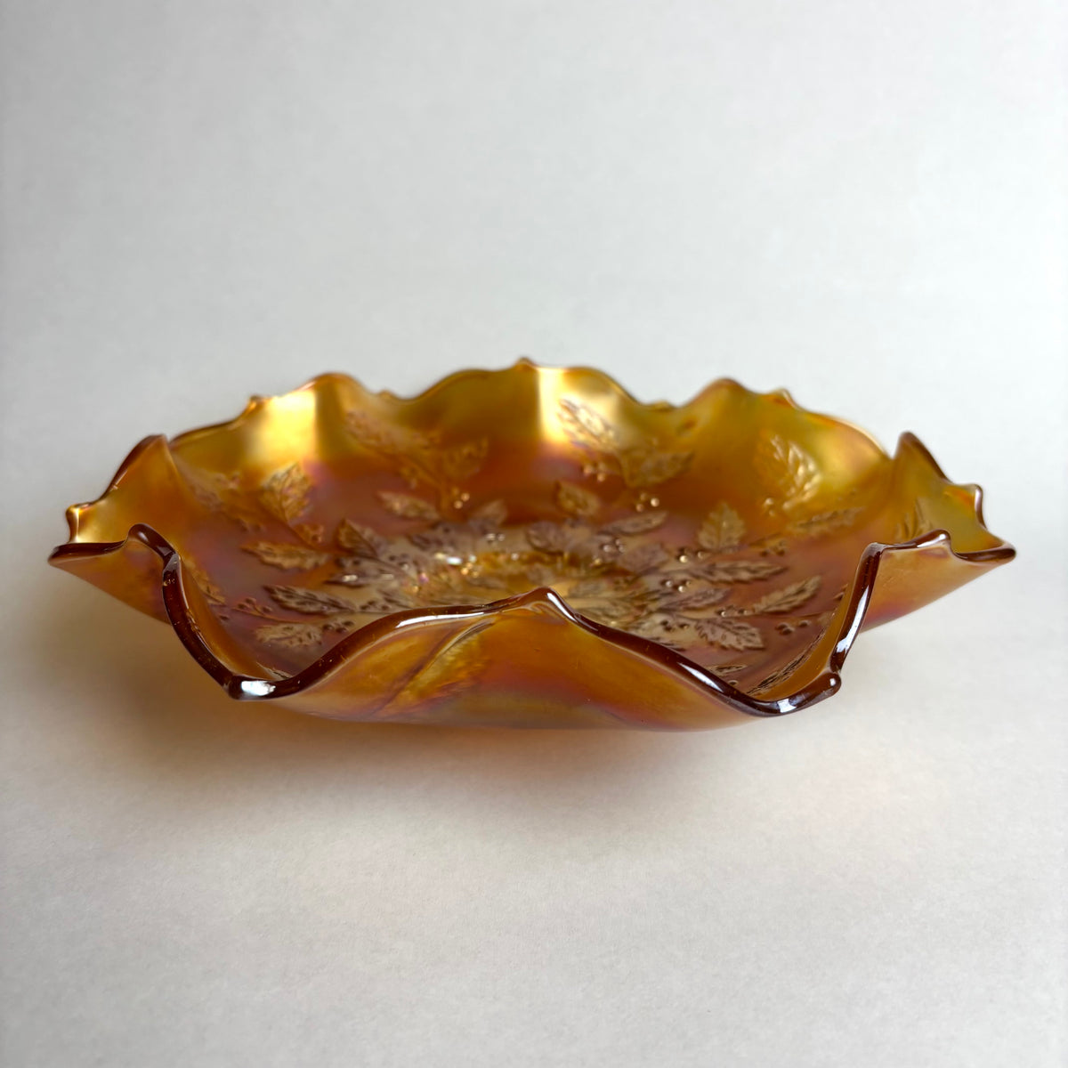 Fenton Holly Marigold Carnival Glass Bowl Ruffled Edge Vintage Large