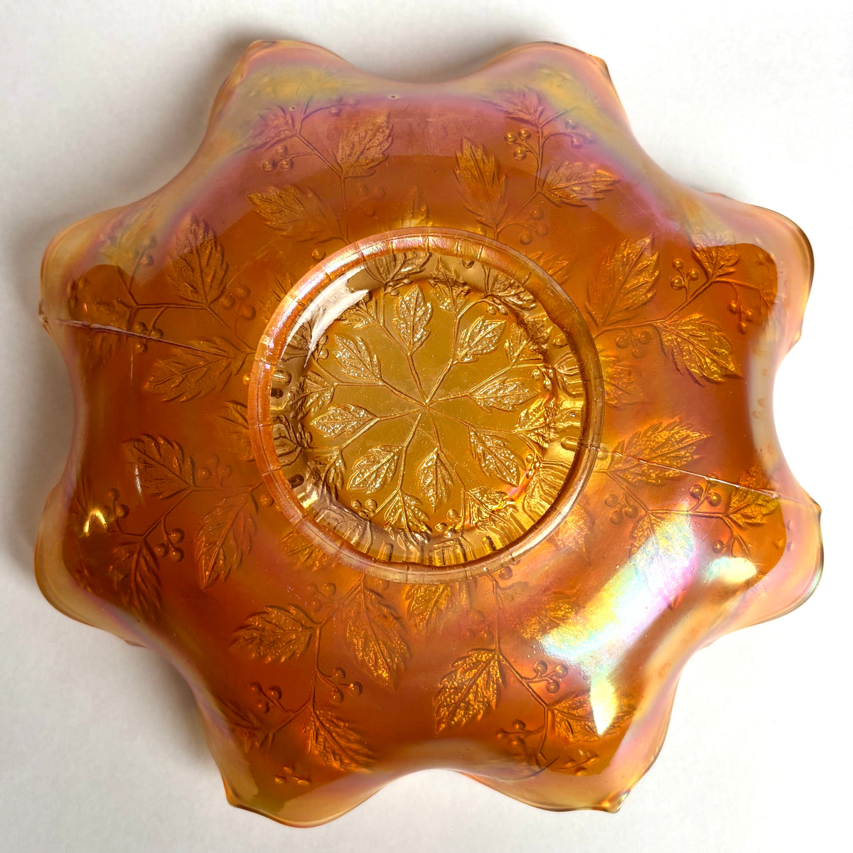 Fenton Holly Marigold Carnival Glass Bowl Ruffled Edge Vintage Large