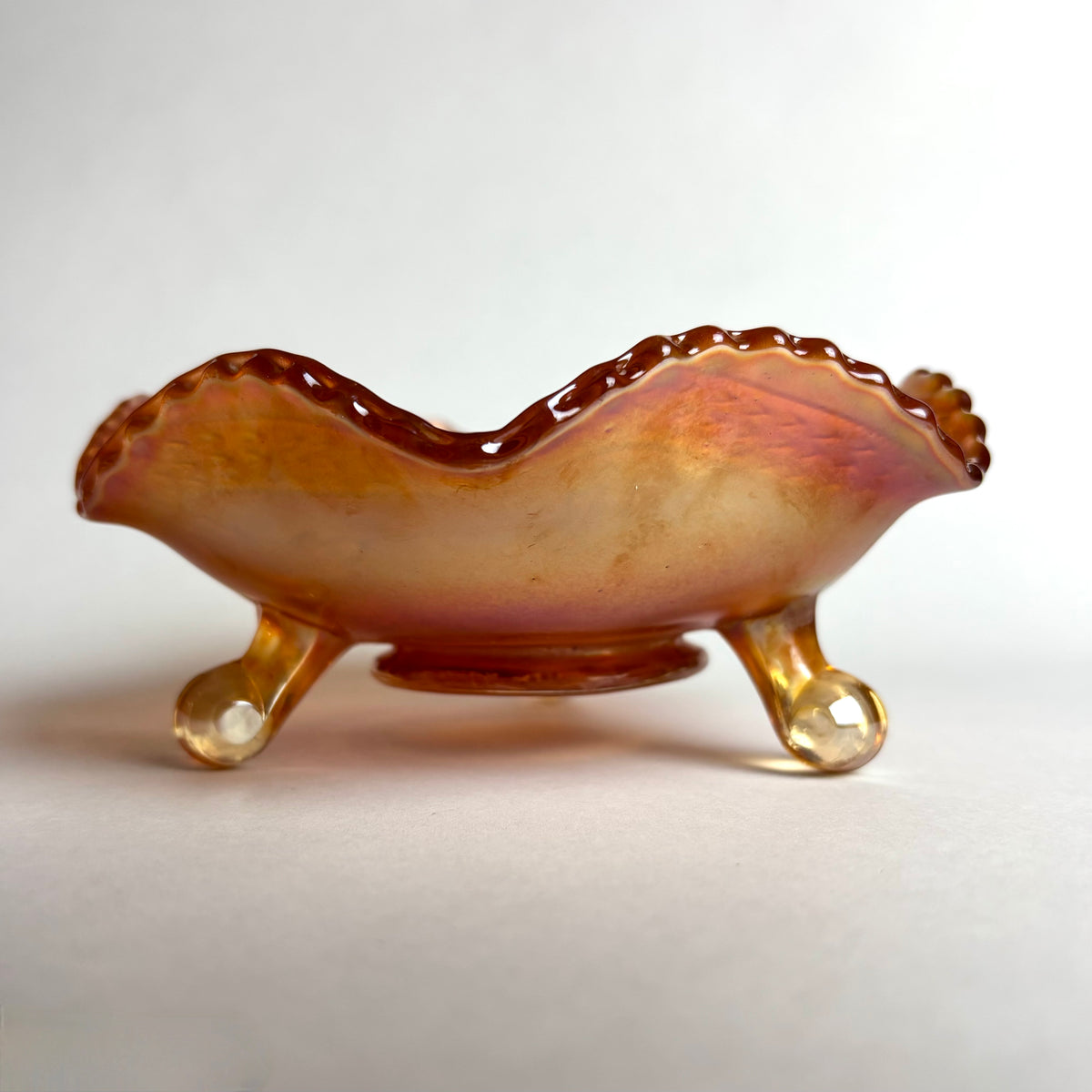 Fenton Marigold Carnival Glass Bowl Two Flowers Ball Footed Vintage