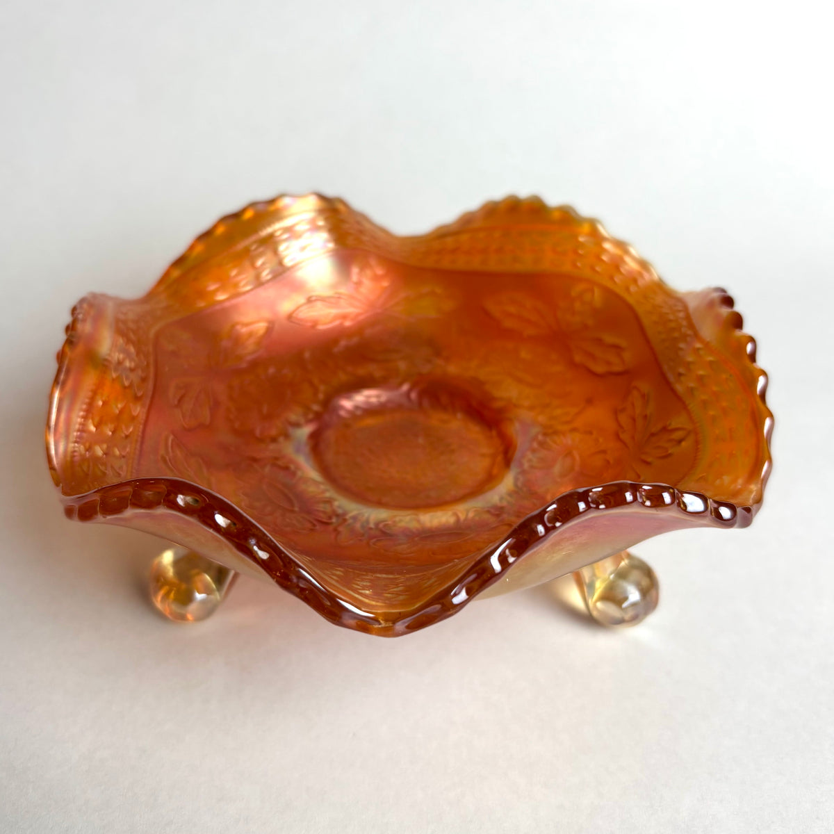 Fenton Marigold Carnival Glass Bowl Two Flowers Ball Footed Vintage