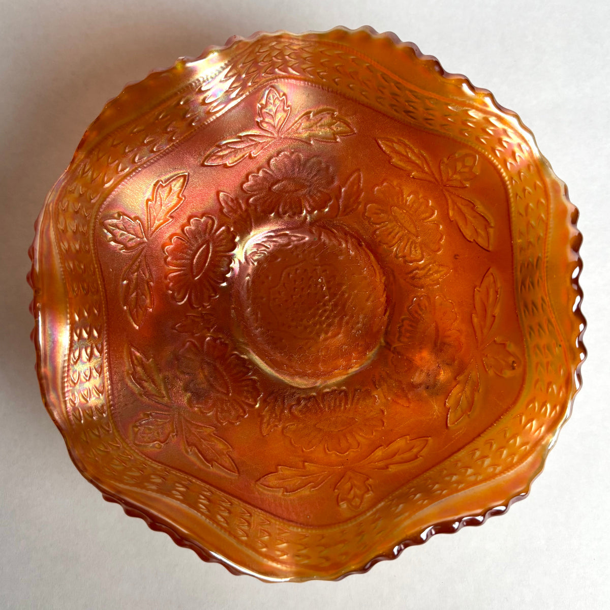 Fenton Marigold Carnival Glass Bowl Two Flowers Ball Footed Vintage