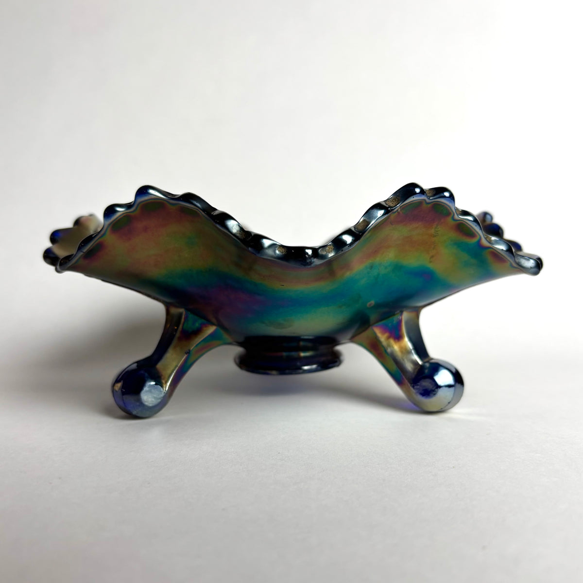 Fenton Footed Blue Amethyst Lotus & Grape Carnival Glass Bowl