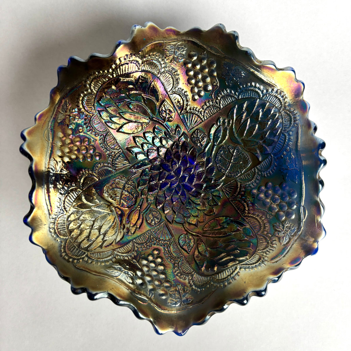 Fenton Footed Blue Amethyst Lotus & Grape Carnival Glass Bowl