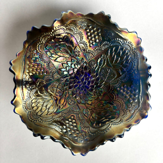 Fenton Footed Blue Amethyst Lotus & Grape Carnival Glass Bowl