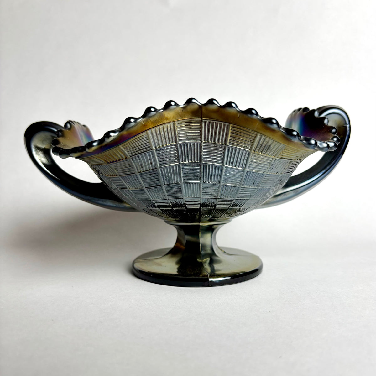 Northwood Cobalt Blue Carnival Glass Bon Bon Dish Fruits & Flowers Handled