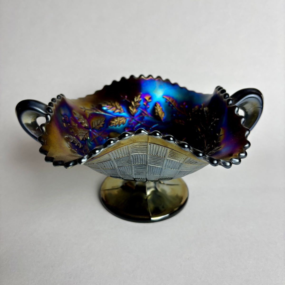 Northwood Cobalt Blue Carnival Glass Bon Bon Dish Fruits & Flowers Handled