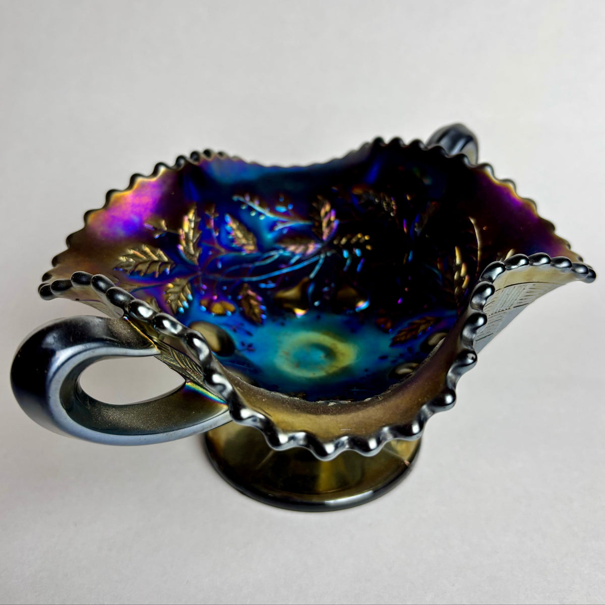 Northwood Cobalt Blue Carnival Glass Bon Bon Dish Fruits & Flowers Handled