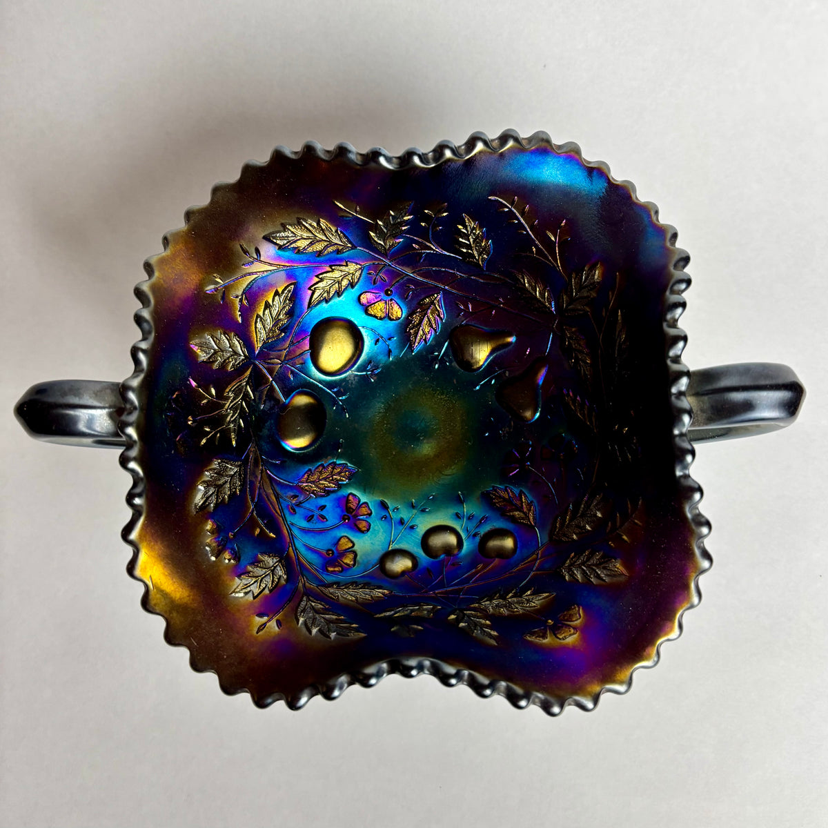 Northwood Cobalt Blue Carnival Glass Bon Bon Dish Fruits & Flowers Handled