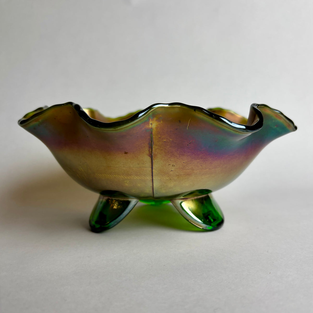 Northwood Grape & Cable Carnival Glass Bowl Green Footed Ruffled Antique