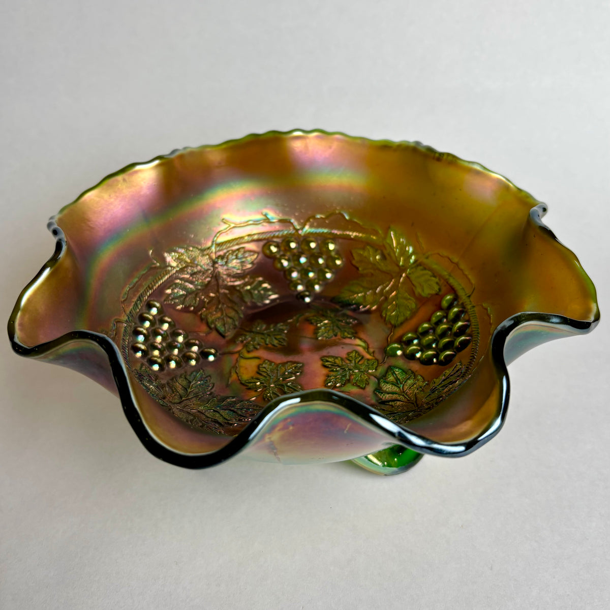 Northwood Grape & Cable Carnival Glass Bowl Green Footed Ruffled Antique