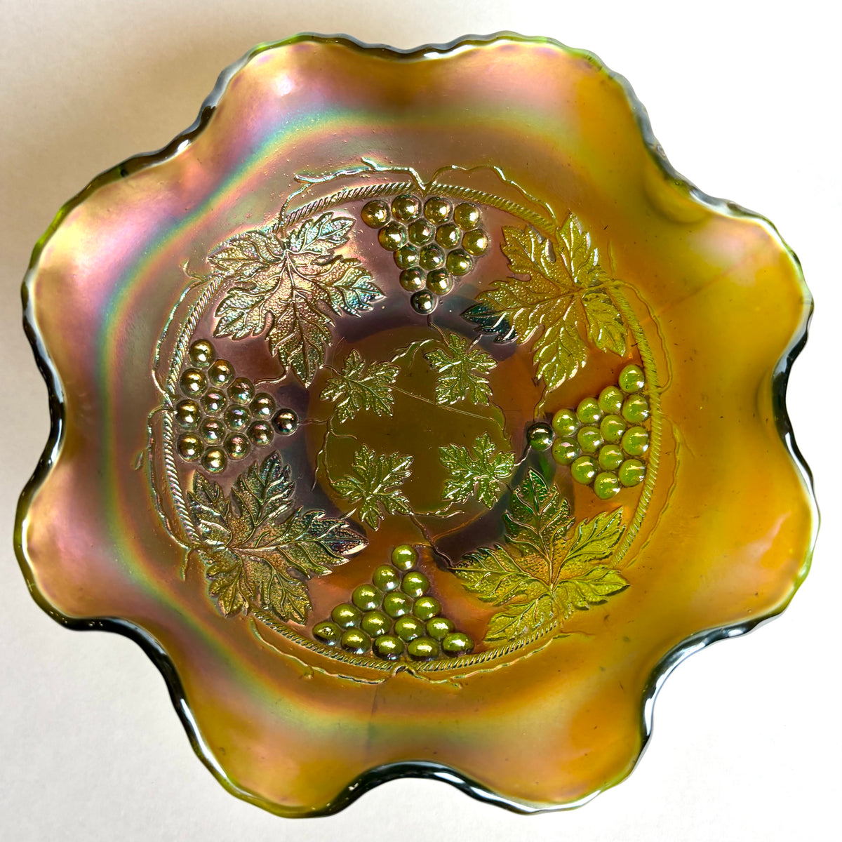 Northwood Grape & Cable Carnival Glass Bowl Green Footed Ruffled Antique
