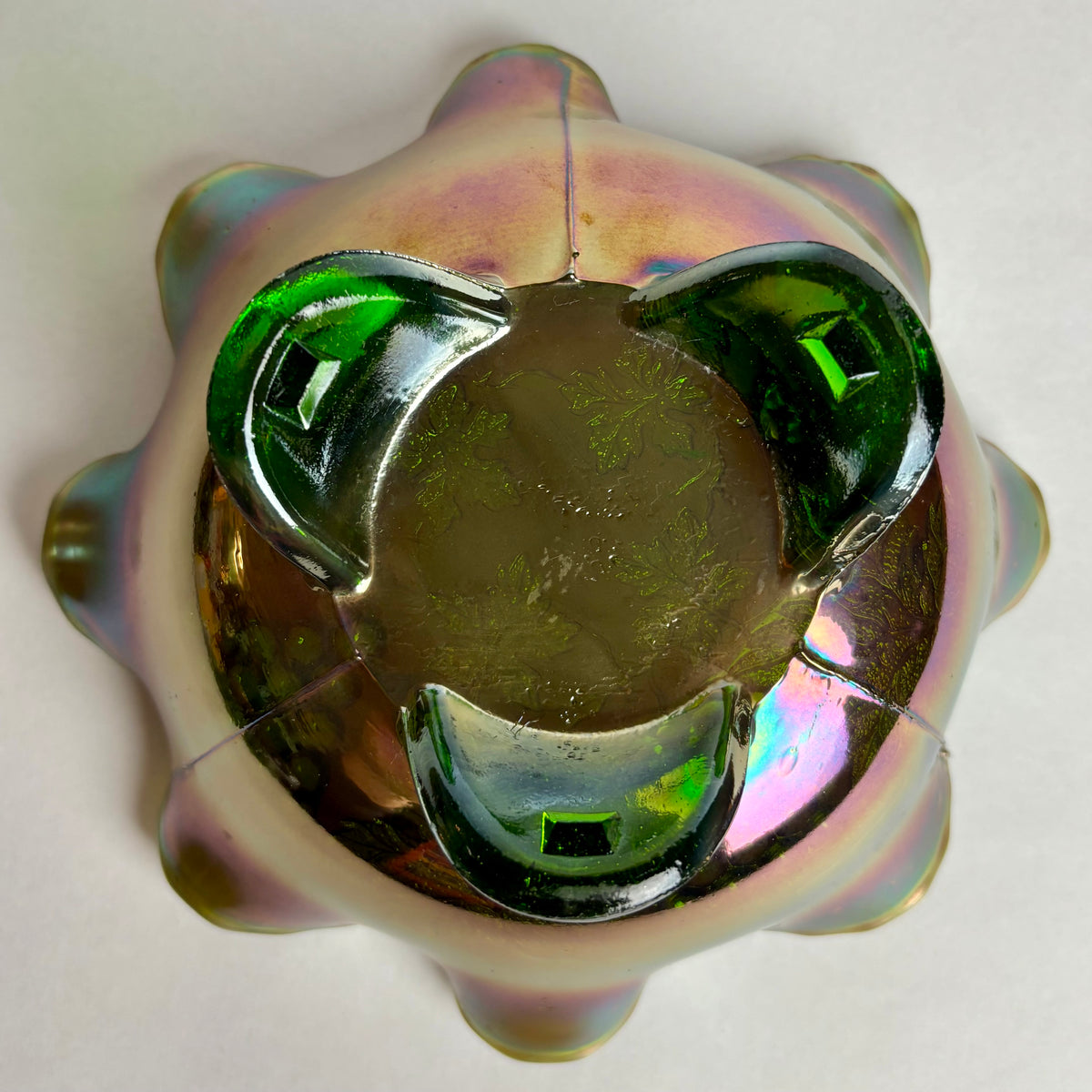 Northwood Grape & Cable Carnival Glass Bowl Green Footed Ruffled Antique