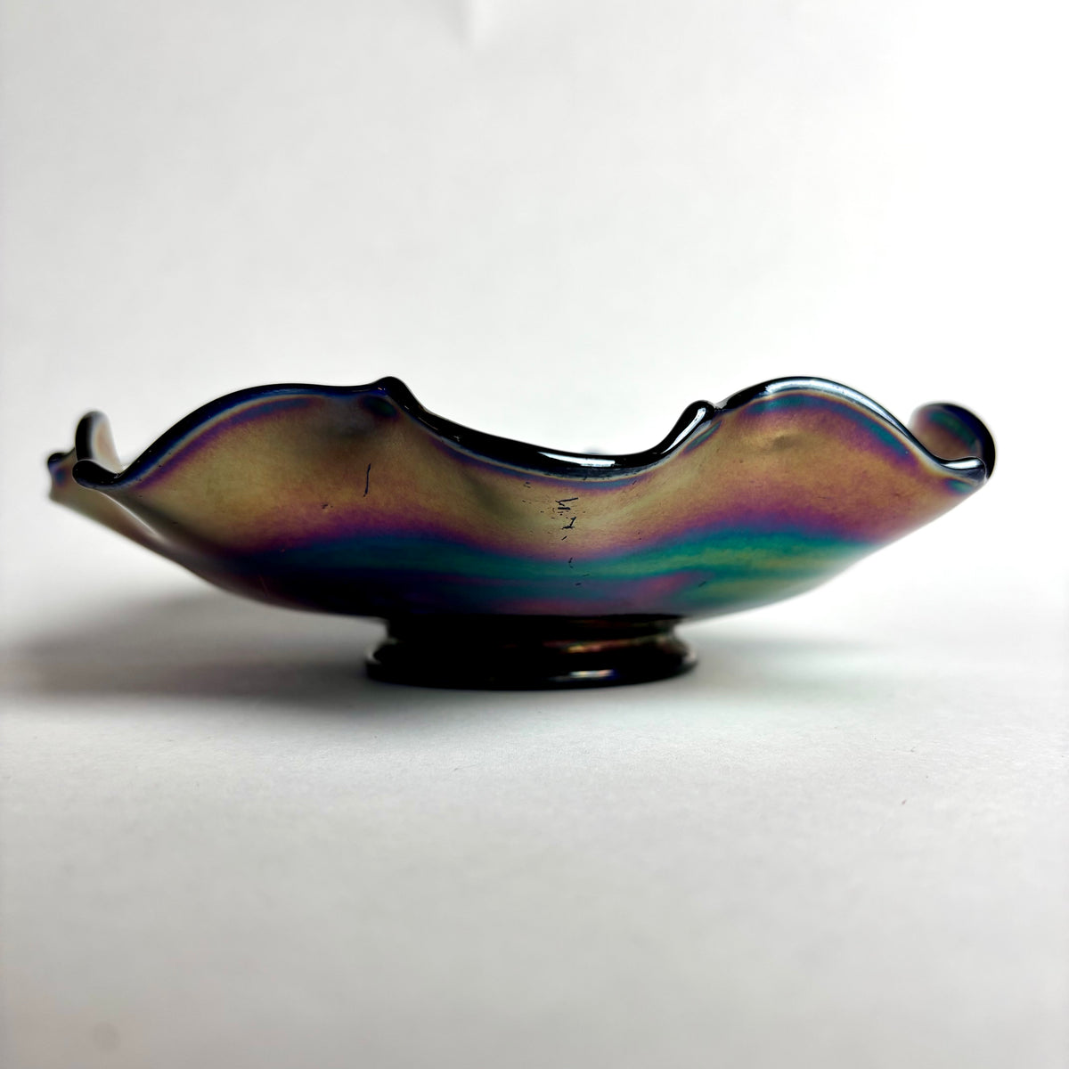 Fenton Grape Vine Carnival Glass Bowl Blue Amethyst Iridescent Ruffled c1900s