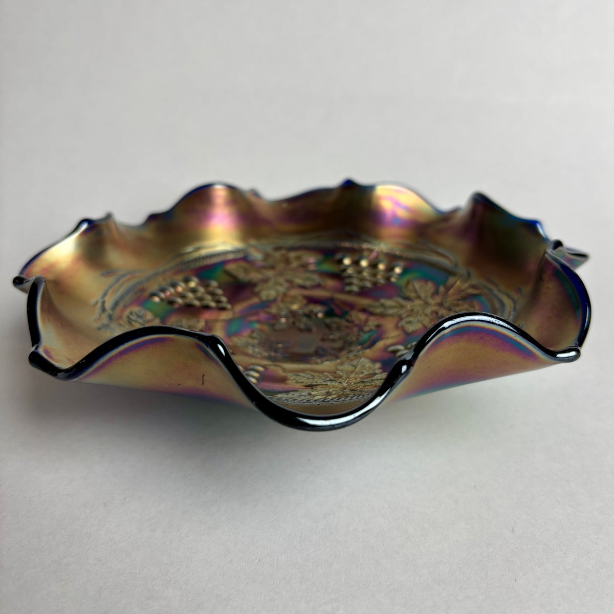 Fenton Grape Vine Carnival Glass Bowl Blue Amethyst Iridescent Ruffled c1900s