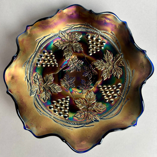 Fenton Grape Vine Carnival Glass Bowl Blue Amethyst Iridescent Ruffled c1900s