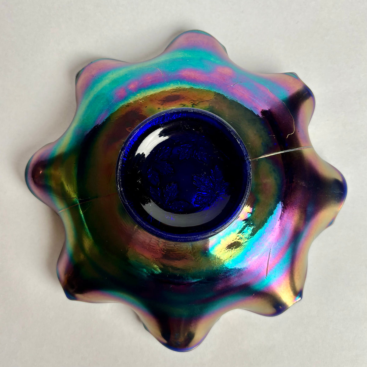 Fenton Grape Vine Carnival Glass Bowl Blue Amethyst Iridescent Ruffled c1900s