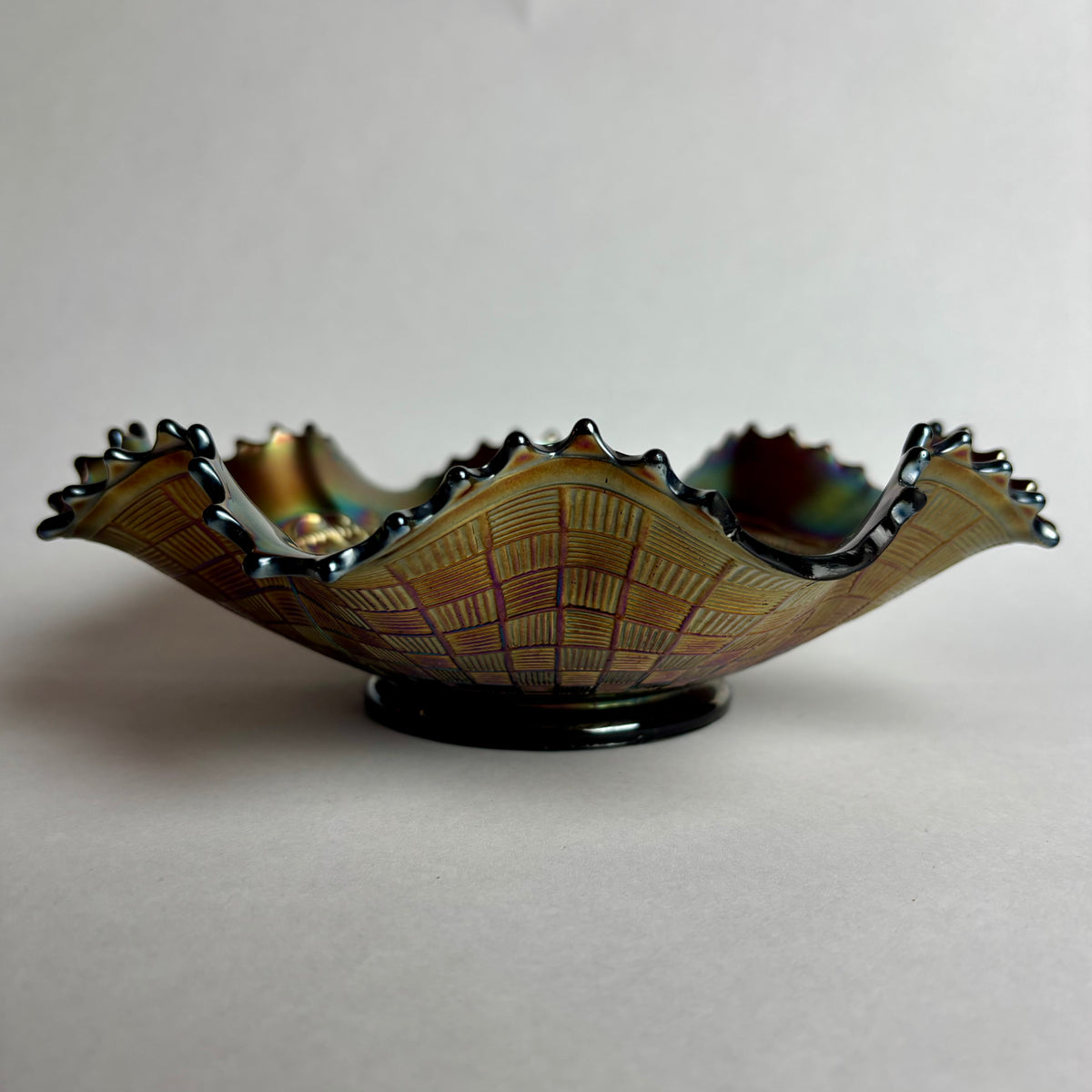 Northwood Grape & Cable Carnival Glass Bowl Amethyst Iridescent Ruffled c1900s