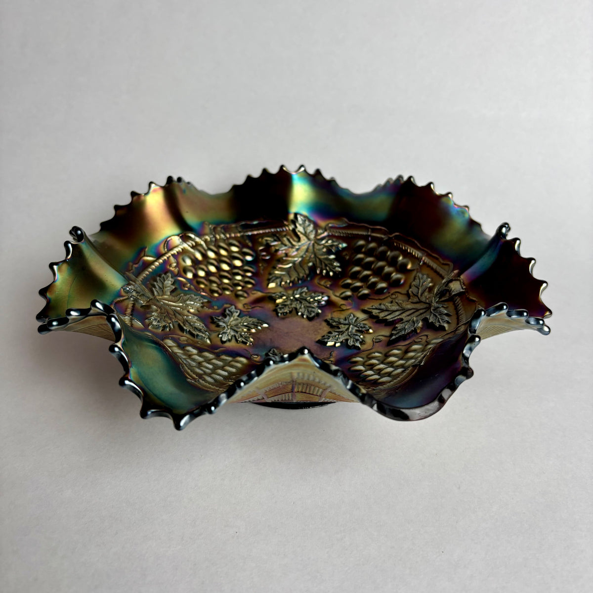 Northwood Grape & Cable Carnival Glass Bowl Amethyst Iridescent Ruffled c1900s