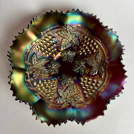 Northwood Grape & Cable Carnival Glass Bowl Amethyst Iridescent Ruffled c1900s